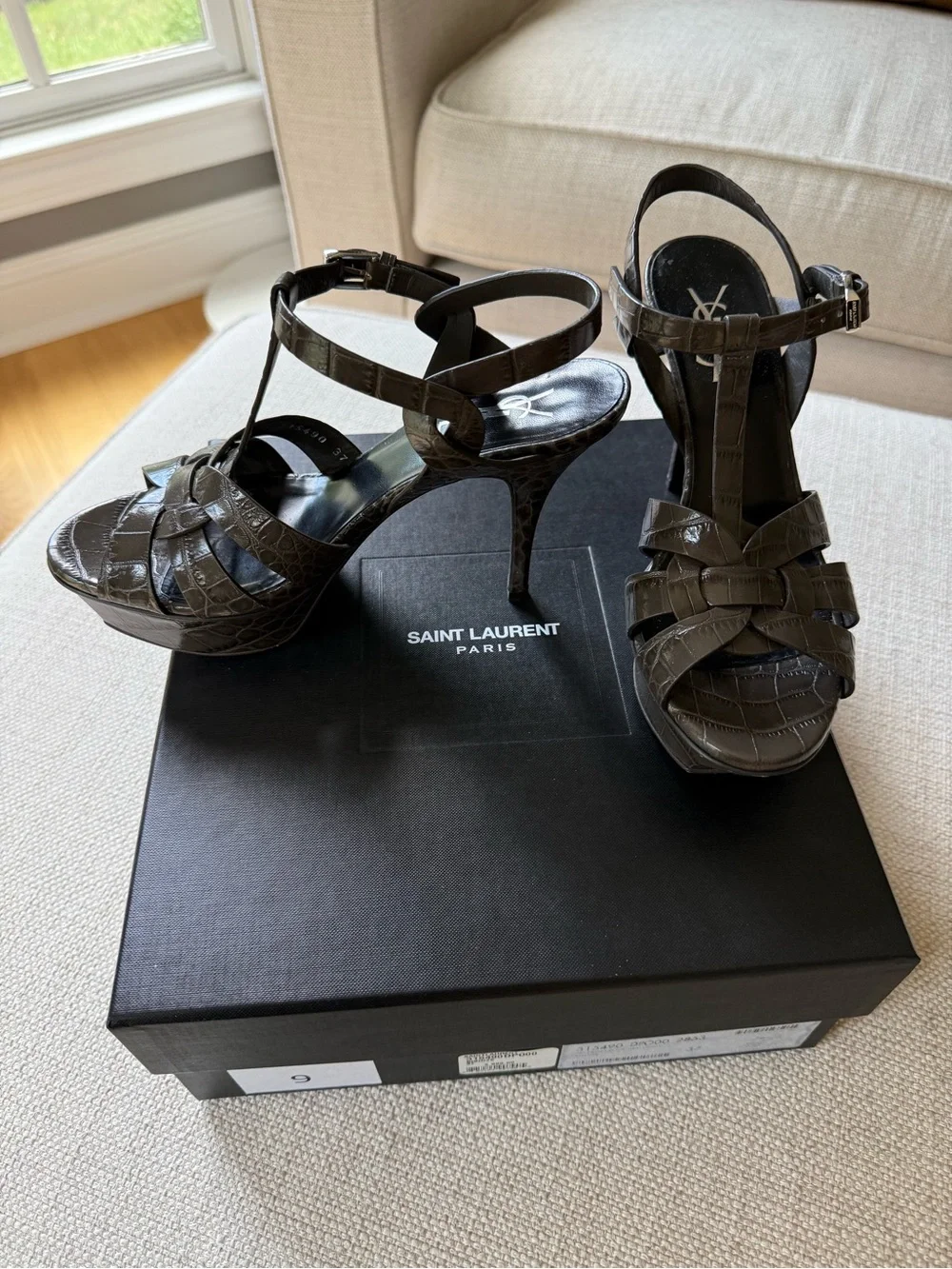 Saint Laurent Croc-Embossed Gray T-Strap Platform Sandals - Picture 2 of 6